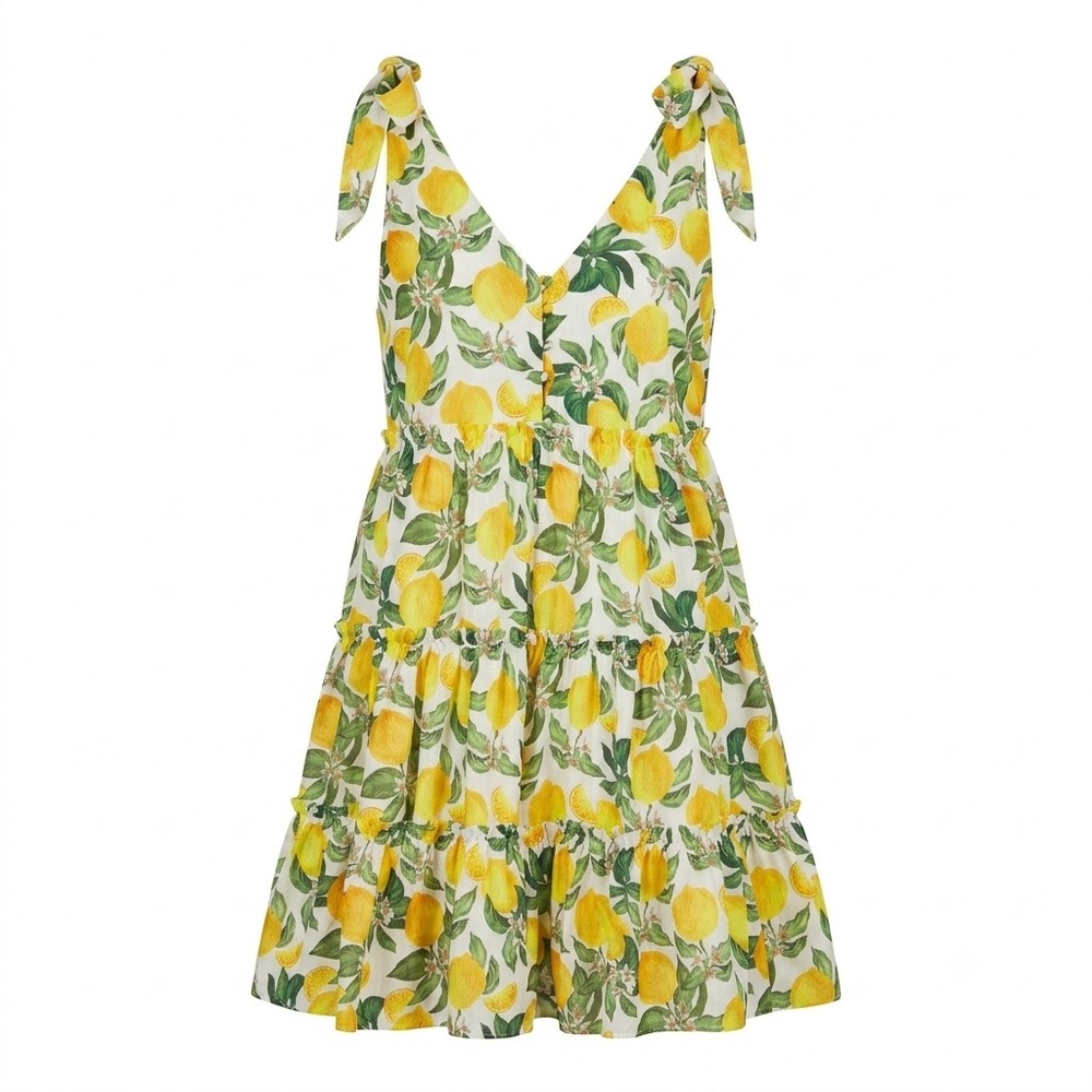English Factory Euro Summer Lemon Print Tiered Midi Dress Womens Size 1X Cottage